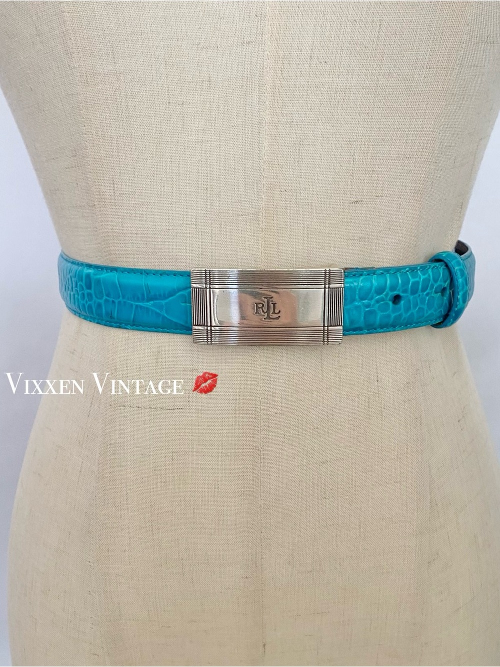 VINTAGE RALPH LAUREN SILVER BUCKLE CROC EMBOSSED LEATHER BELT IN TURQUOISE